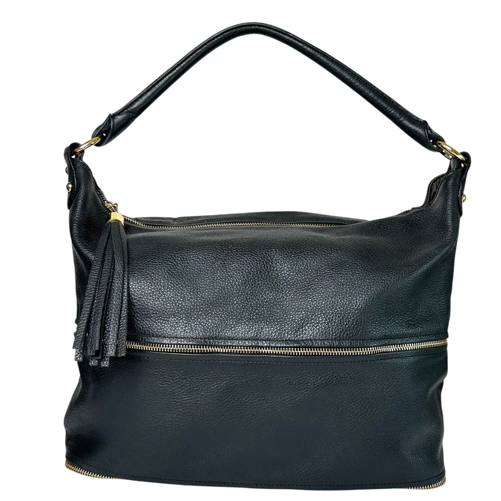Onna Ehrlich Handbag Kemi Hobo Pebbled Leather‎ Tassel Zip Black OS Boho Chic